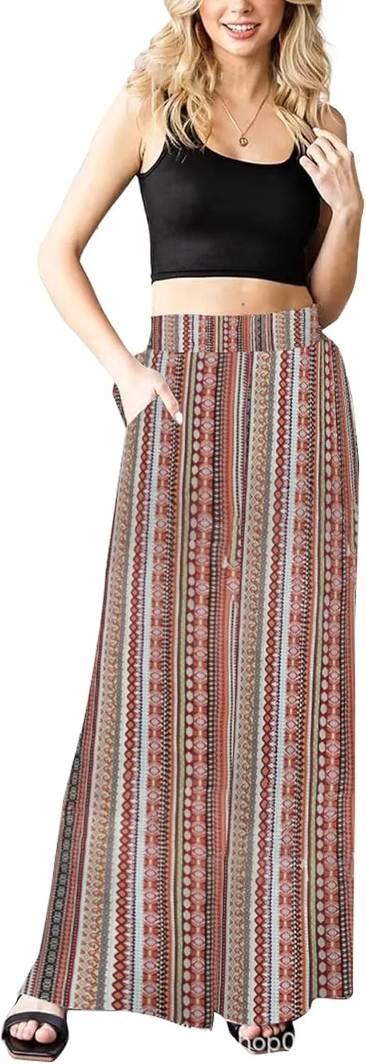 LYANER Women's High Waist Wide Leg Palazzo Pants Elastic Waist Patterned Trousers with Pockets