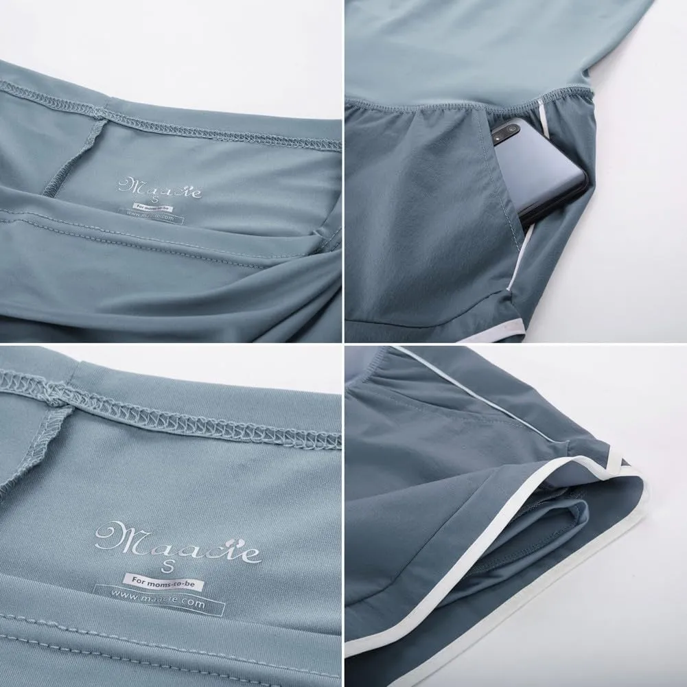 Maacie Maternity Shorts Double Layer 2 in 1 High Waist Athletic Shorts with Pockets