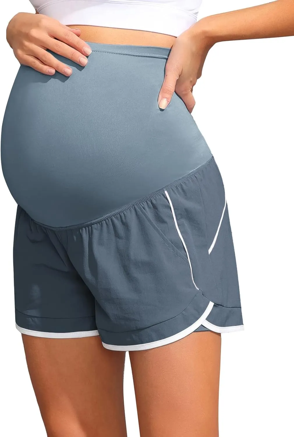 Maacie Maternity Shorts Double Layer 2 in 1 High Waist Athletic Shorts with Pockets