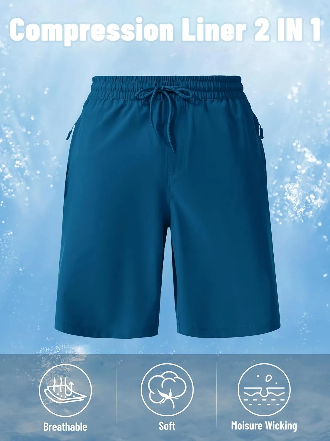 MAGCOMSEN Men's Swim Trunks with Compression Liner 9" Quick Dry Beach Shorts with Zipper Pockets
