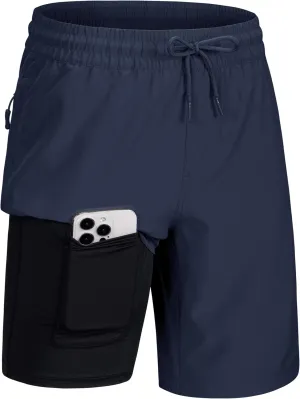 MAGCOMSEN Men's Swim Trunks with Compression Liner 9" Quick Dry Beach Shorts with Zipper Pockets
