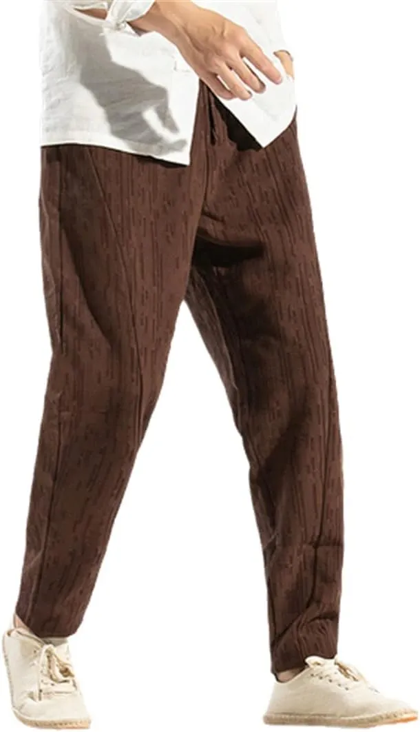 Men Cotton Linen Casual Harem Pants Solid Trousers Jogger Pants Elastic Waist Fitness Straight Pants