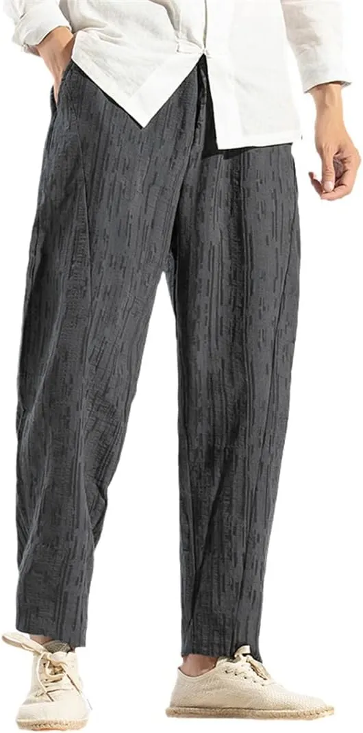 Men Cotton Linen Casual Harem Pants Solid Trousers Jogger Pants Elastic Waist Fitness Straight Pants