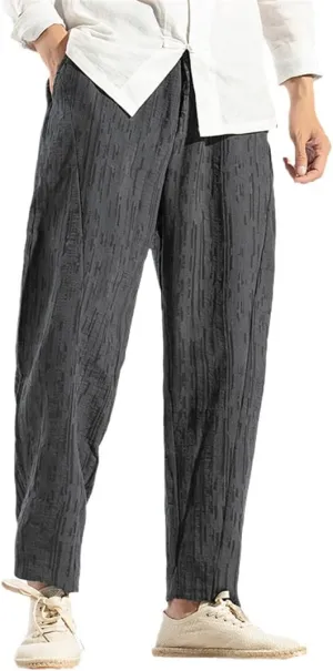 Men Cotton Linen Casual Harem Pants Solid Trousers Jogger Pants Elastic Waist Fitness Straight Pants