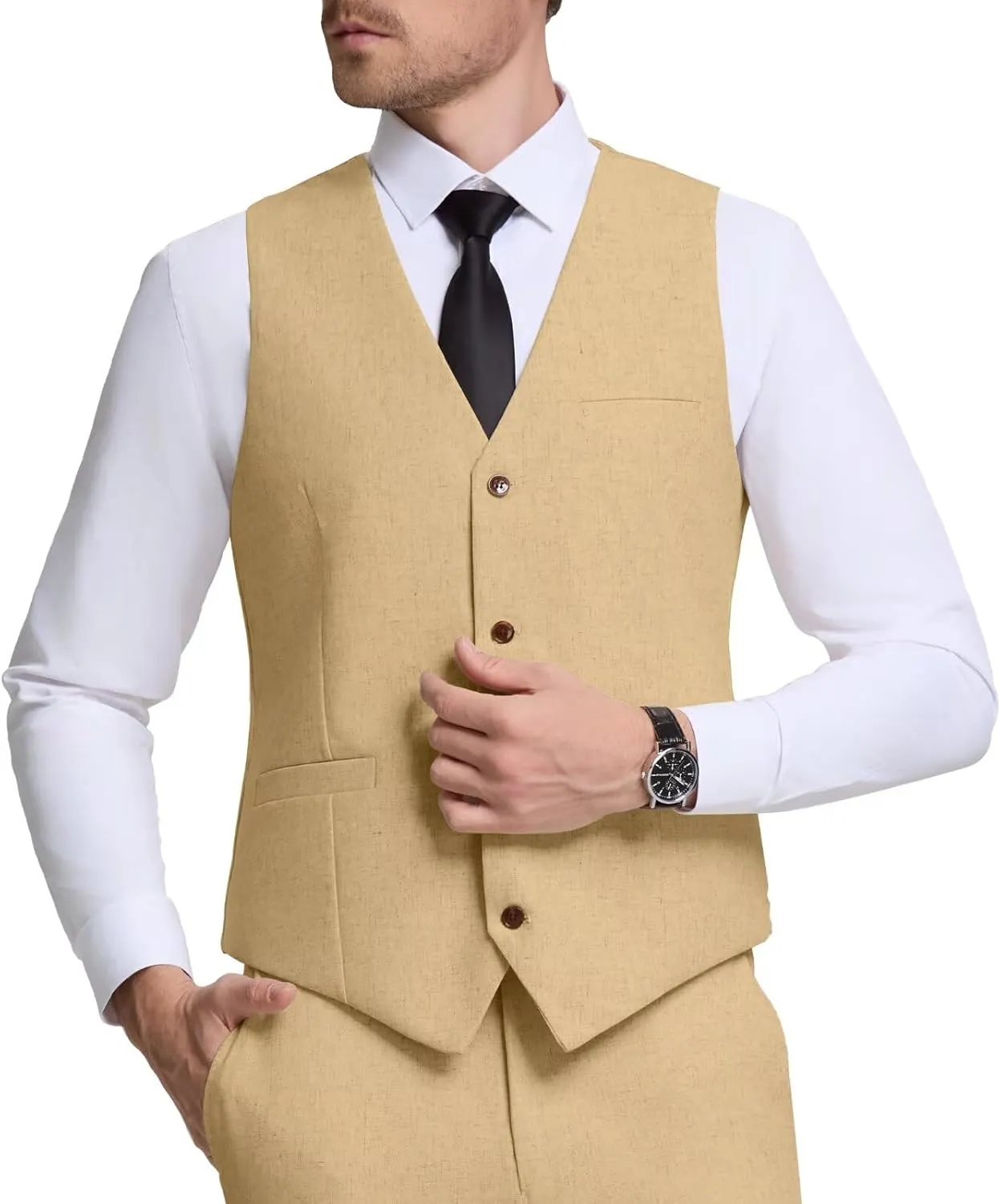 Men Linen Vest Casual Suit Vests Regular Fit Beach Wedding Waistcoat For Mens Groomsmen Party Dress Vest