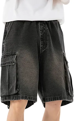 Men Loose Y2K Hip Hop Long Jean Shorts Baggy Denim Shorts with Pockets Casual Summer Streetwear
