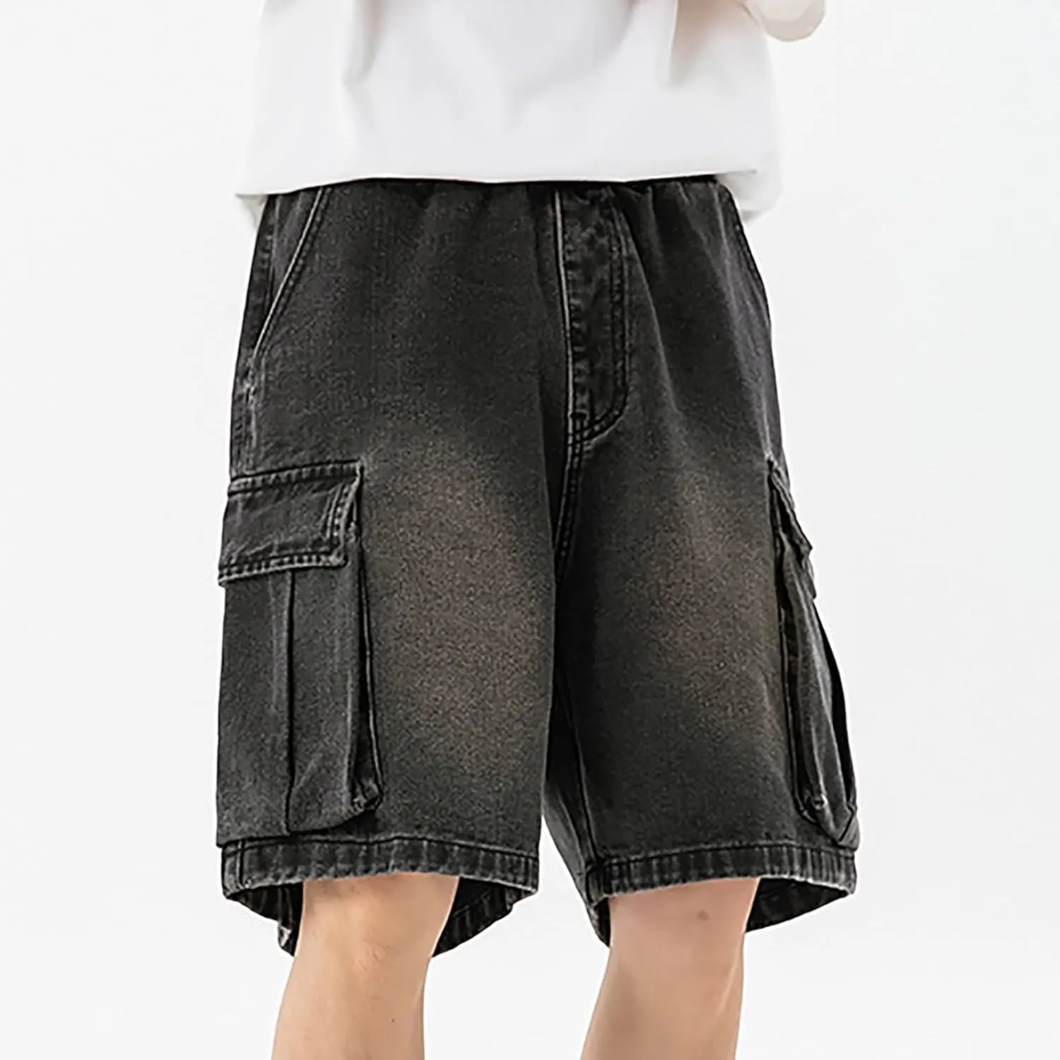Men Loose Y2K Hip Hop Long Jean Shorts Baggy Denim Shorts with Pockets Casual Summer Streetwear