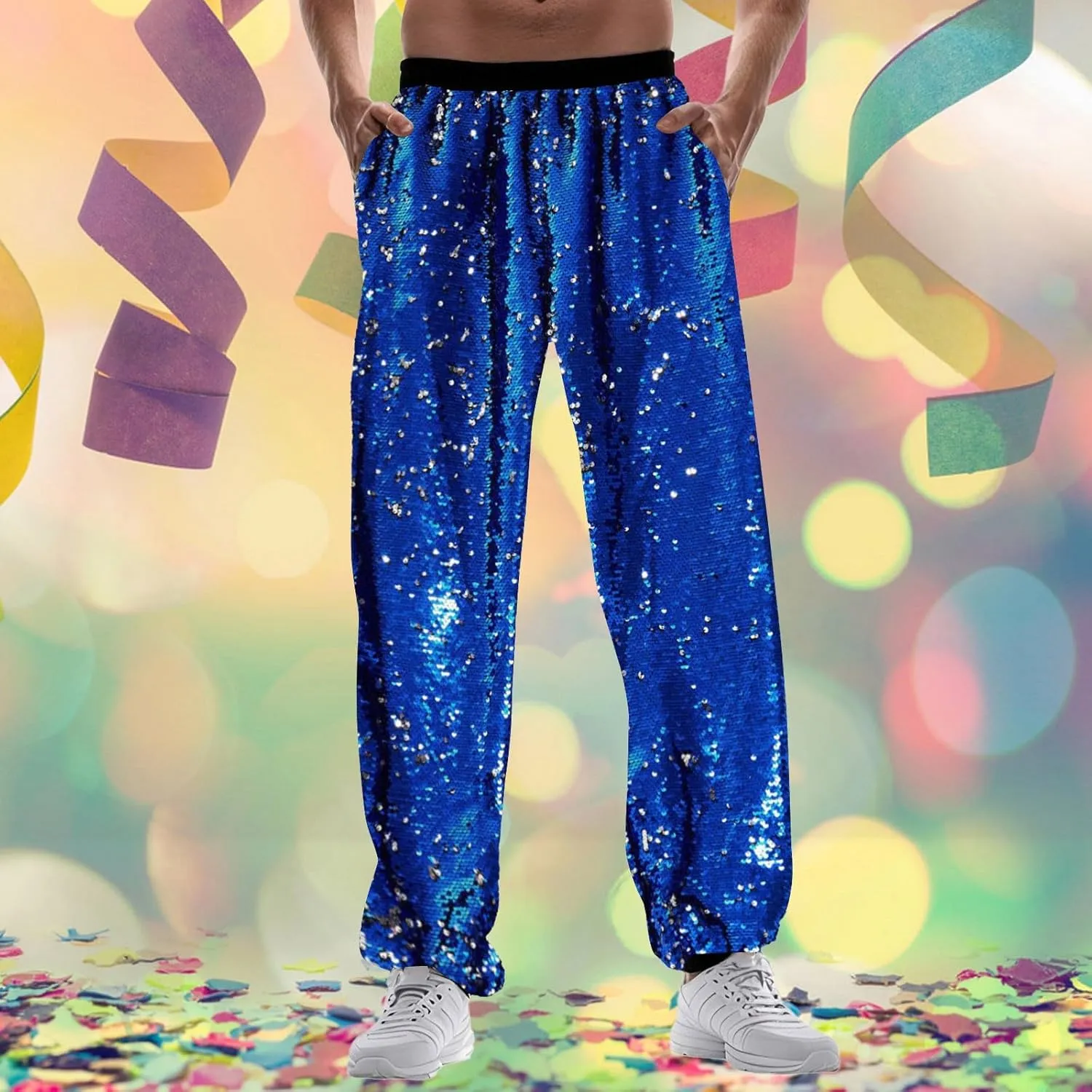 Mens 70s 80s Disco Sequin Joggers Pants Vintage Metallic Punk Baggy Tracksuits Elastic Waist Shiny Sparkly Rave