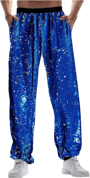 Mens 70s 80s Disco Sequin Joggers Pants Vintage Metallic Punk Baggy Tracksuits Elastic Waist Shiny Sparkly Rave