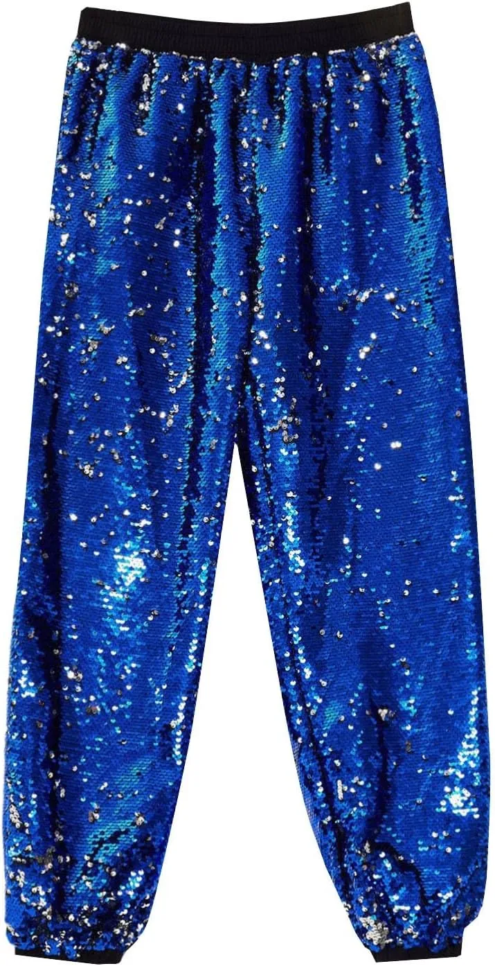 Mens 70s 80s Disco Sequin Joggers Pants Vintage Metallic Punk Baggy Tracksuits Elastic Waist Shiny Sparkly Rave