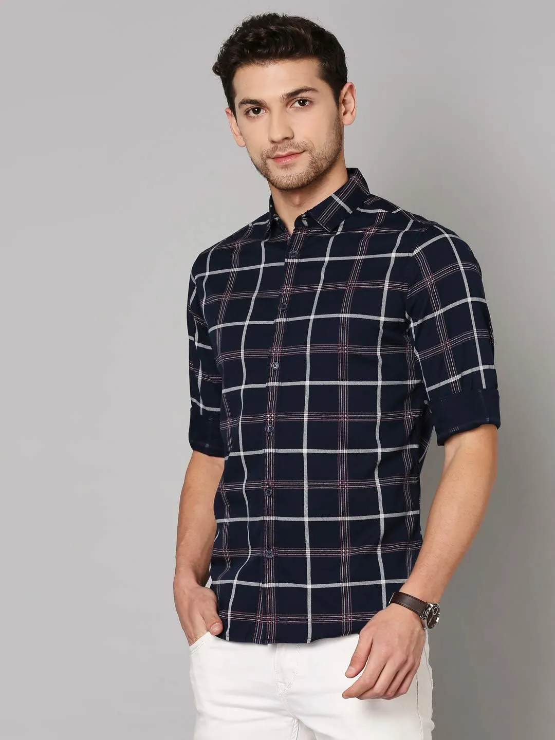 Mens Button Down Shirt - 100% Cotton, Slim Fit, Long Sleeve Check Shirt