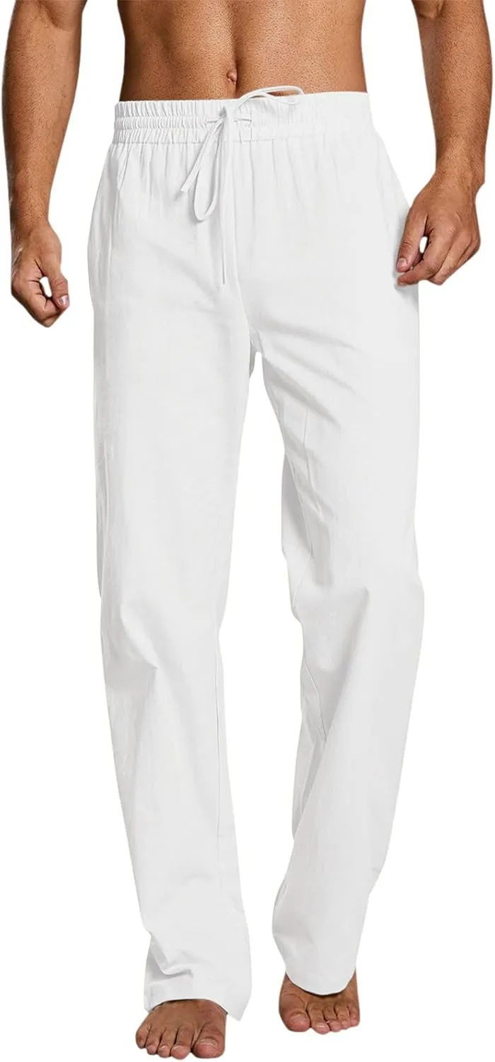 Mens Cotton Linen Casual Pants Drawstrings Elastic Waist Jogging Yoga Slacks for Men 2024 Ropa para Playa Hombre