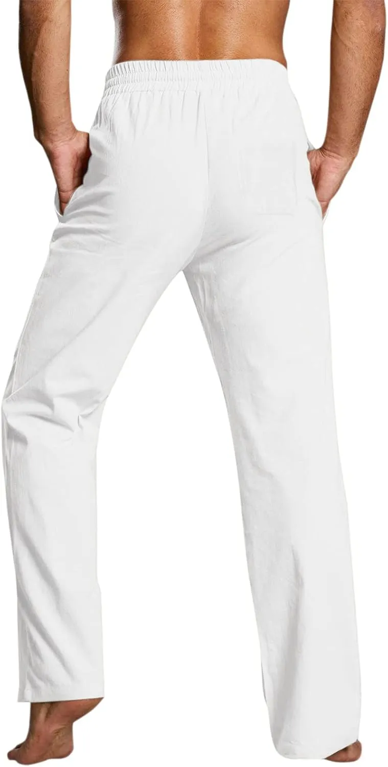 Mens Cotton Linen Casual Pants Drawstrings Elastic Waist Jogging Yoga Slacks for Men 2024 Ropa para Playa Hombre