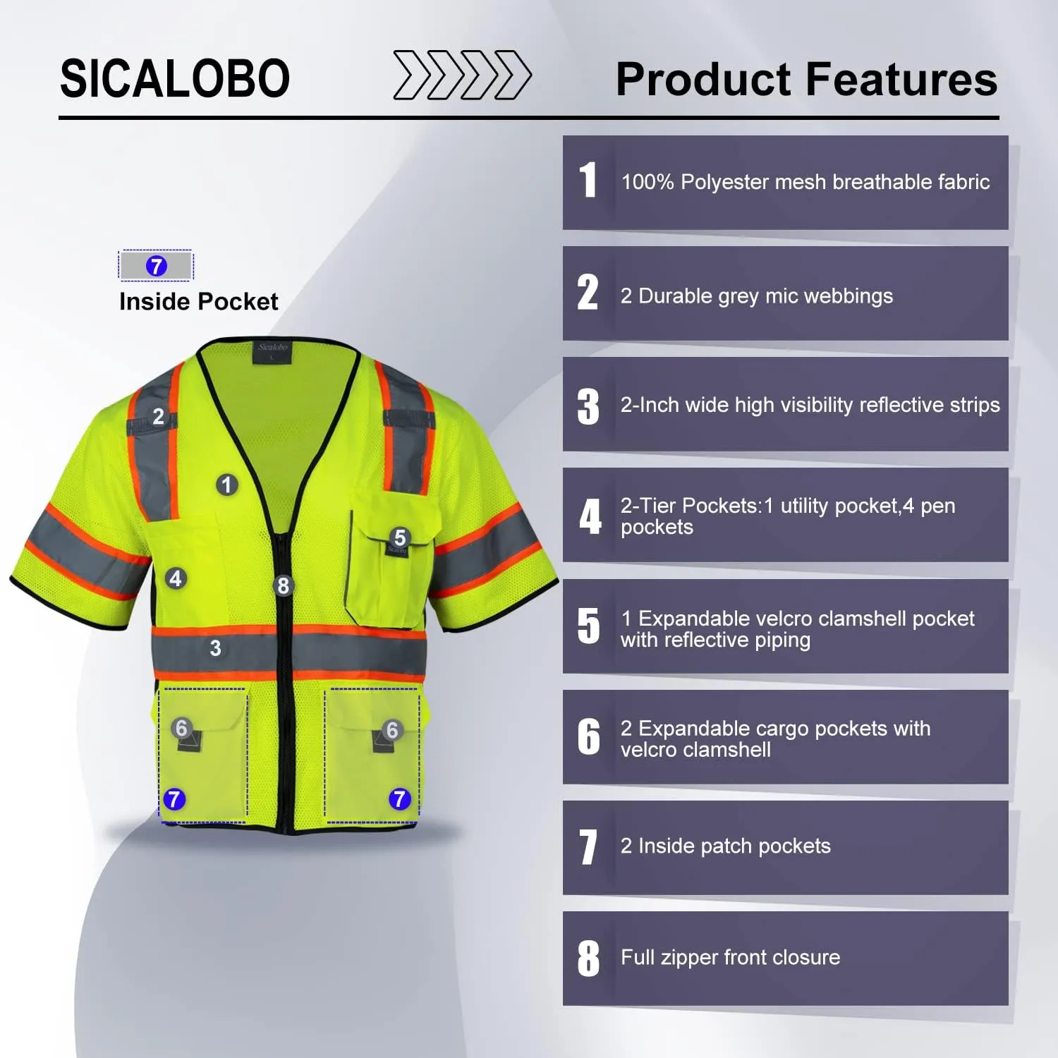Men's High Visibility Safety Mesh Vest with 10 Pockets,Hi Vis Class 3 Reflective Work Vests Zipper Front Workwear