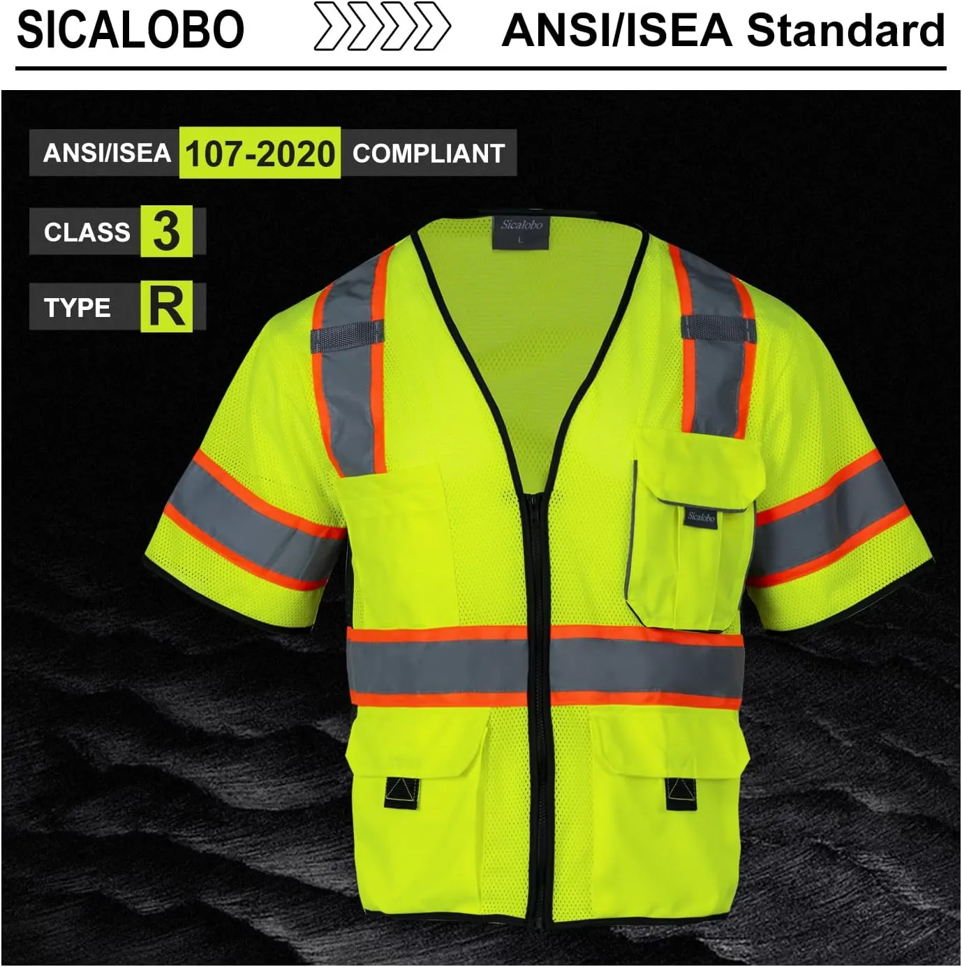 Men's High Visibility Safety Mesh Vest with 10 Pockets,Hi Vis Class 3 Reflective Work Vests Zipper Front Workwear