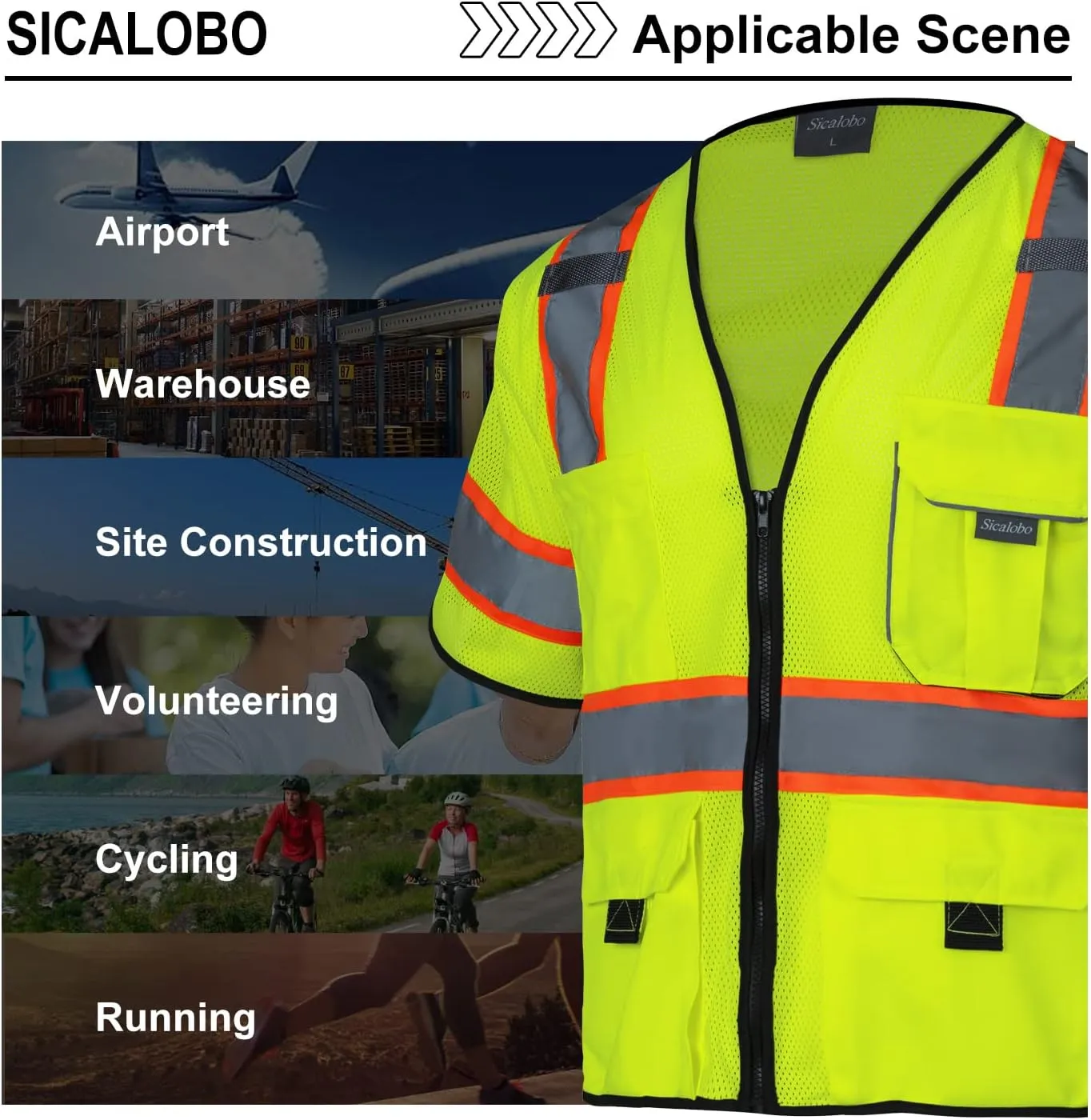 Men's High Visibility Safety Mesh Vest with 10 Pockets,Hi Vis Class 3 Reflective Work Vests Zipper Front Workwear