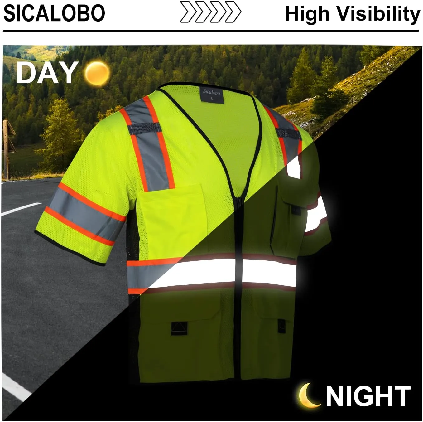 Men's High Visibility Safety Mesh Vest with 10 Pockets,Hi Vis Class 3 Reflective Work Vests Zipper Front Workwear