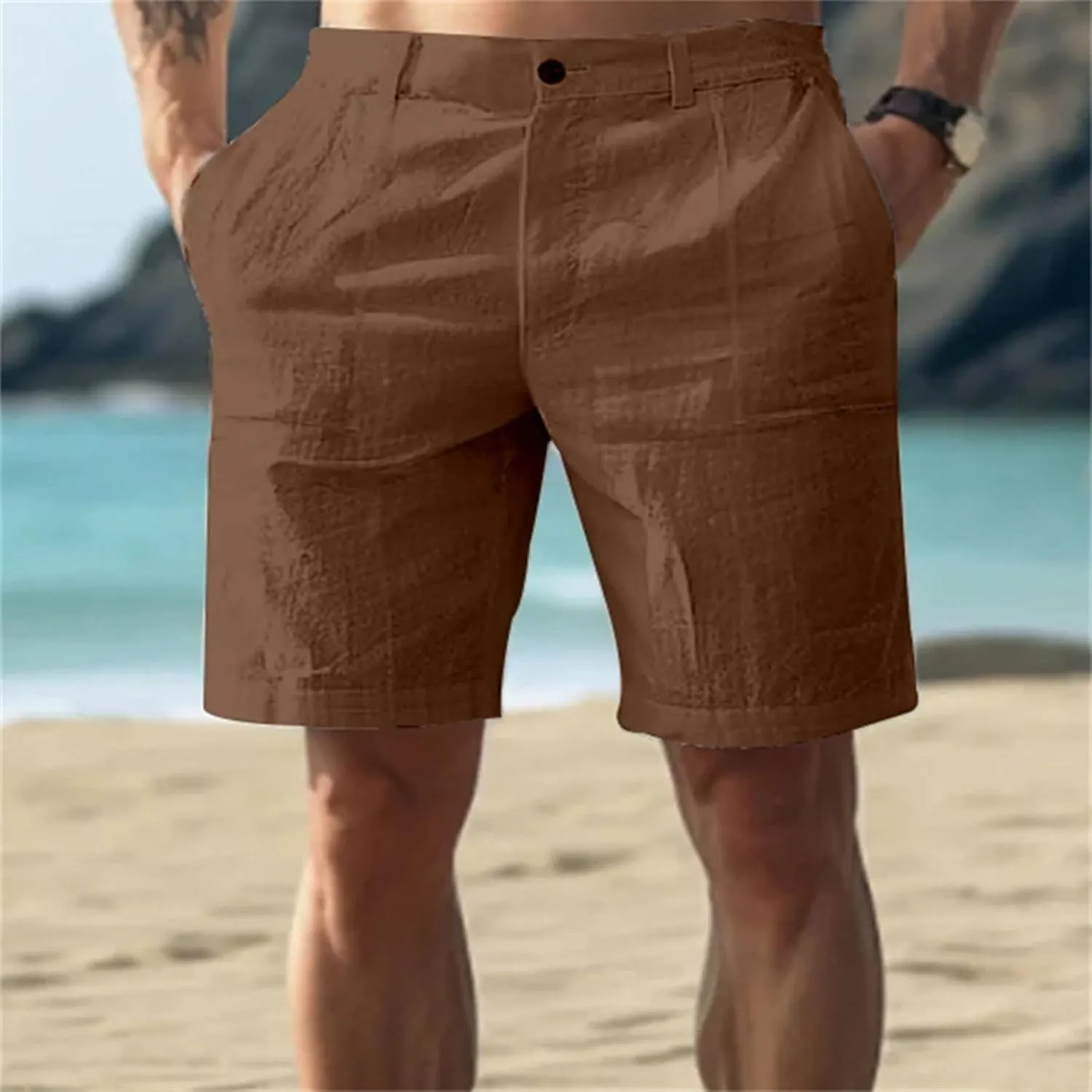 Mens Linen Shorts Elastic Waist Shorts Casual Summer Lightweight Cotton Linen Pants with Pockets