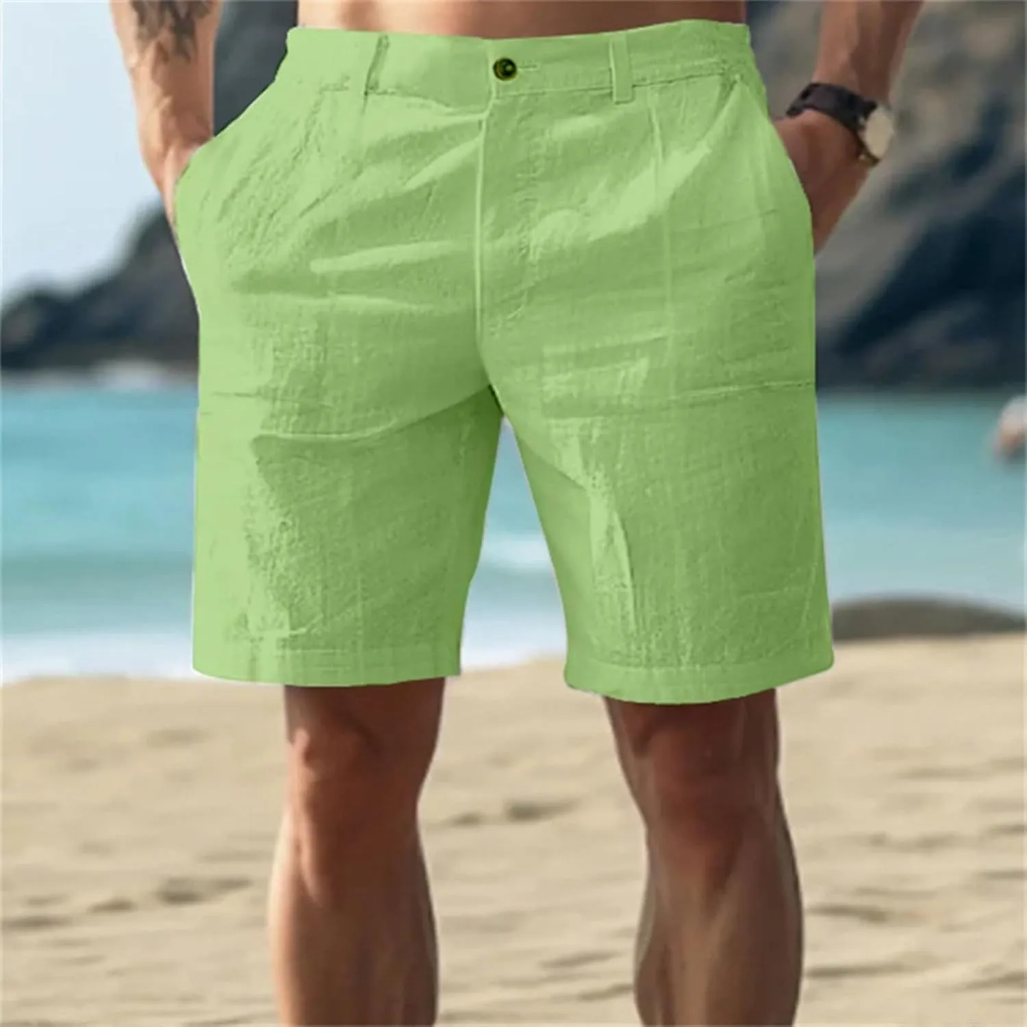 Mens Linen Shorts Elastic Waist Shorts Casual Summer Lightweight Cotton Linen Pants with Pockets
