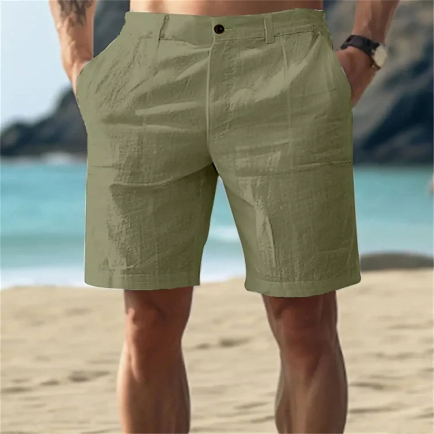 Mens Linen Shorts Elastic Waist Shorts Casual Summer Lightweight Cotton Linen Pants with Pockets