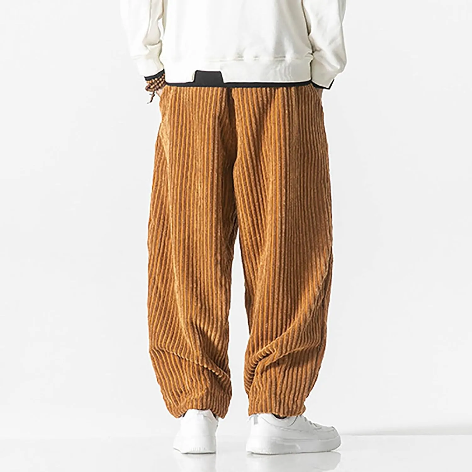 Men's Loose Corduroy Harem Pants Casual Baggy Pants Elastic Waist Retro Relaxed Fit Warm Pants with Pocket