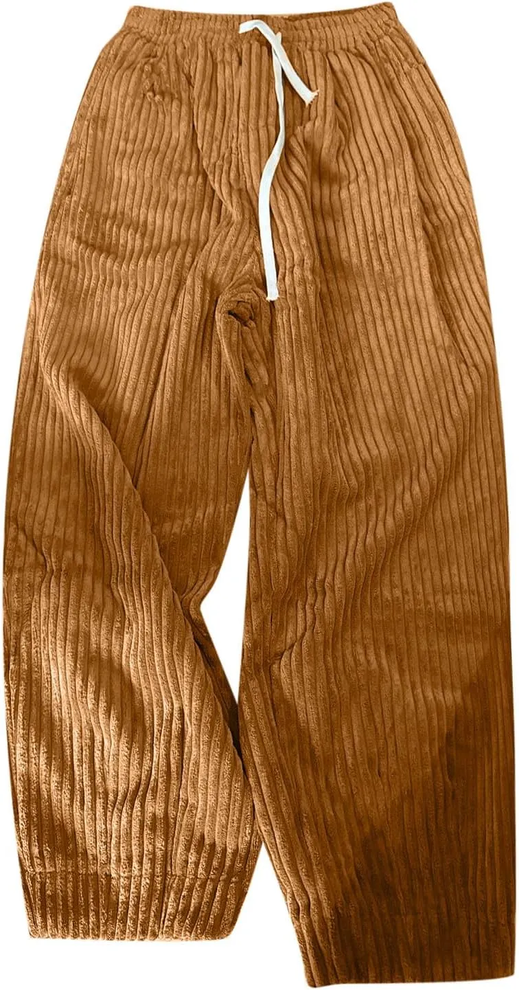 Men's Loose Corduroy Harem Pants Casual Baggy Pants Elastic Waist Retro Relaxed Fit Warm Pants with Pocket