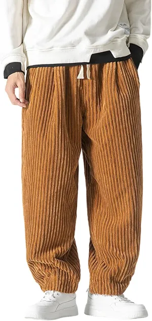 Men's Loose Corduroy Harem Pants Casual Baggy Pants Elastic Waist Retro Relaxed Fit Warm Pants with Pocket