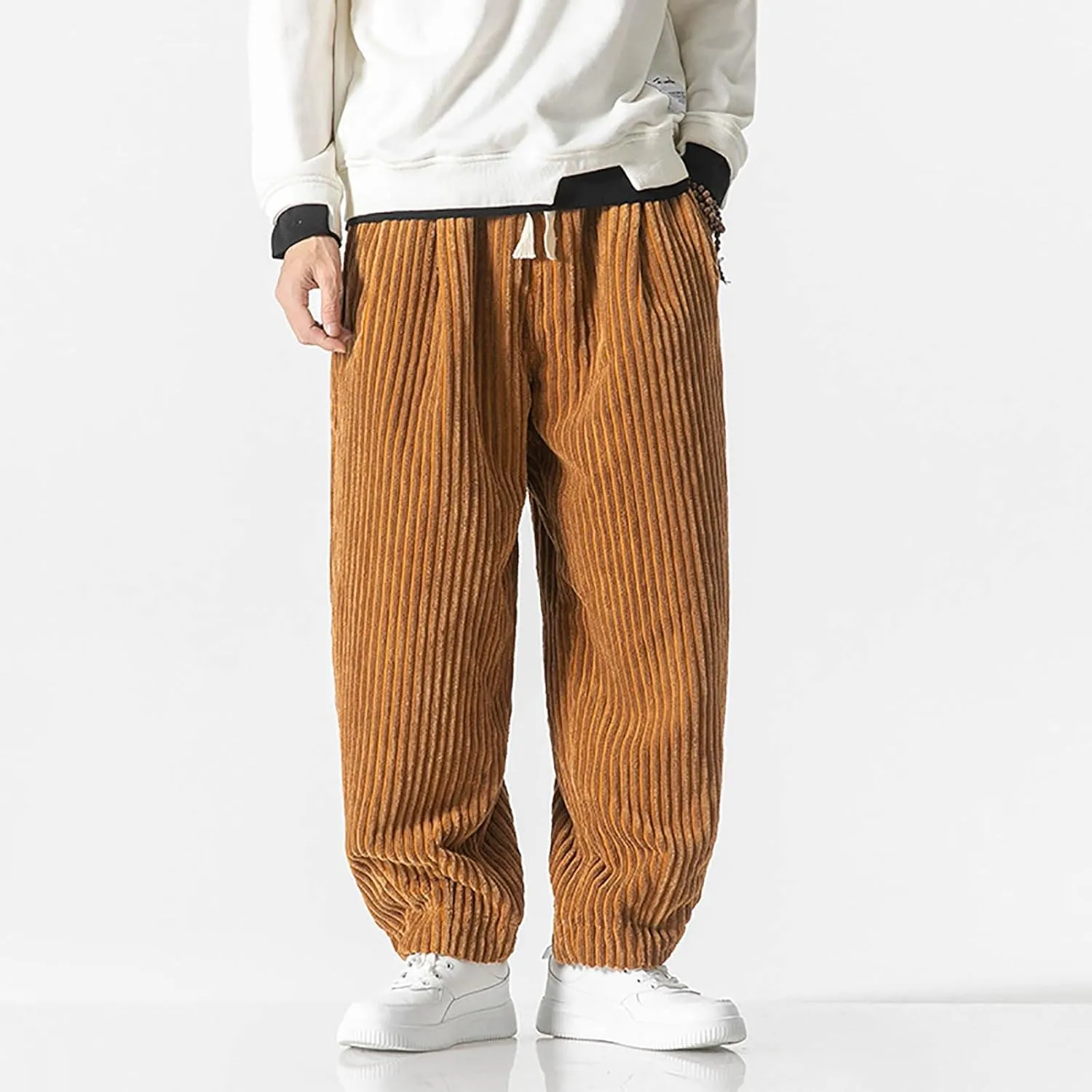 Men's Loose Corduroy Harem Pants Casual Baggy Pants Elastic Waist Retro Relaxed Fit Warm Pants with Pocket