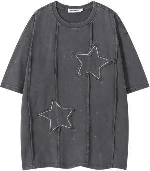 Mens Oversize Washed T Shirts Vintage Star Embroidery Y2K Women Short Sleeve Tops Casual Streetwear Unisex Tees