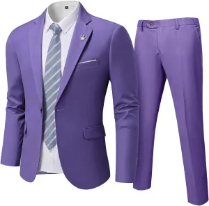 Men's Slim Fit 2 Piece Suit with Tie, One Button Solid Jacket and Pants for Business Weddings Party