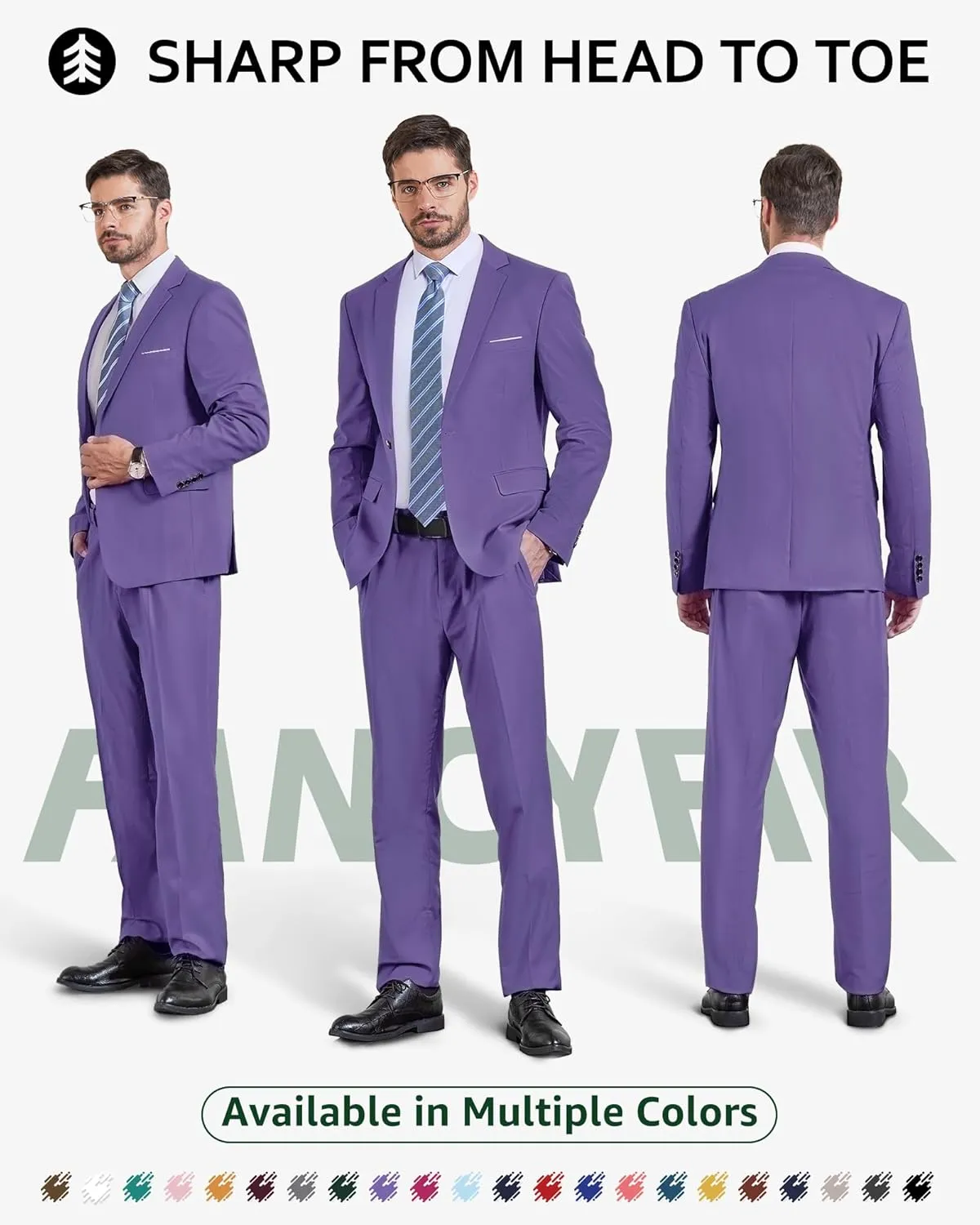 Men's Slim Fit 2 Piece Suit with Tie, One Button Solid Jacket and Pants for Business Weddings Party