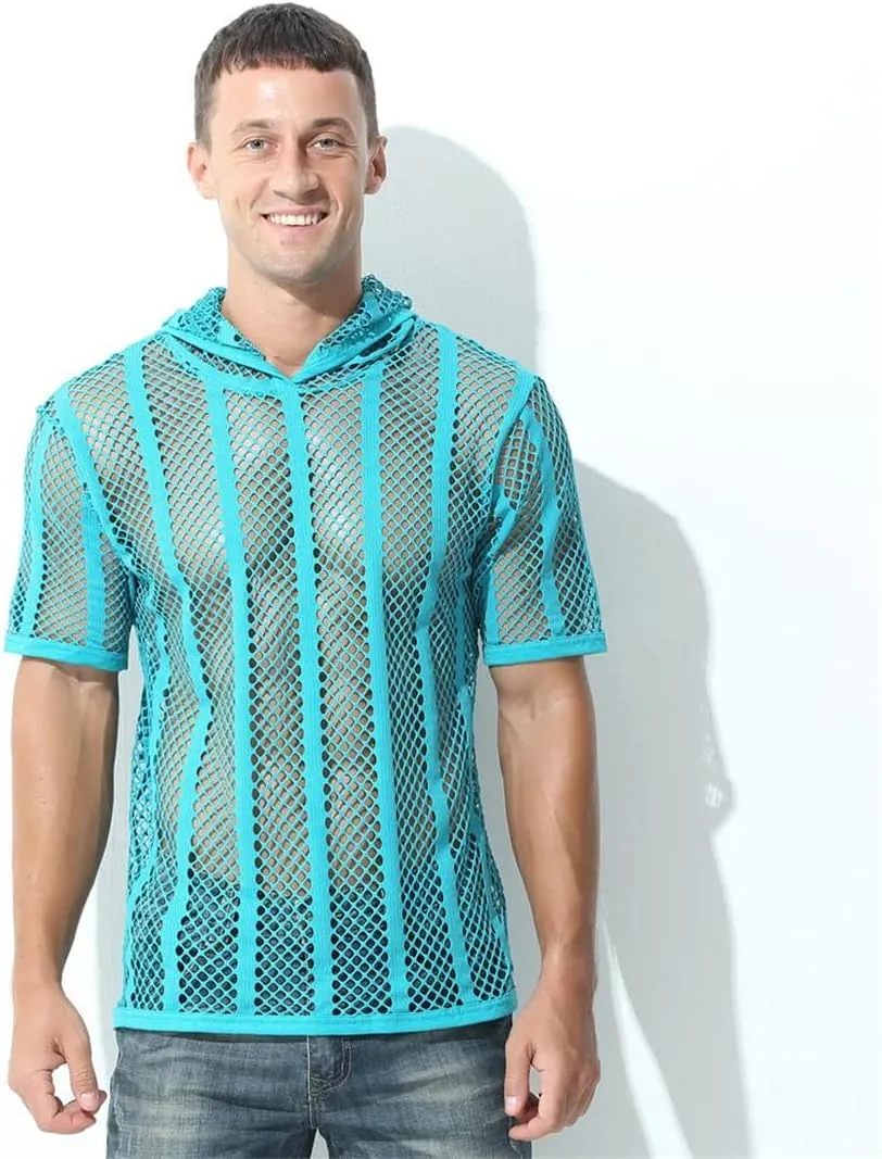 Men's Tees Sexy Mesh See Through T-Shirt Short Sleeve Hooded Streetwear Sports Undershirts