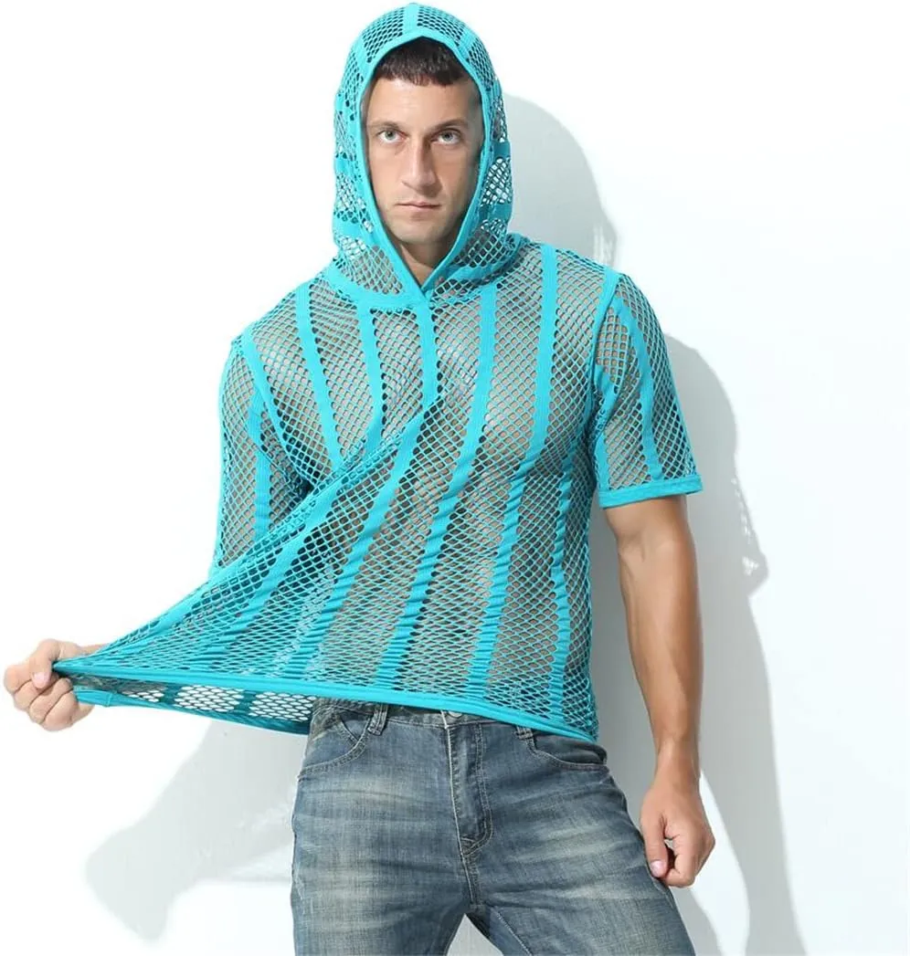 Men's Tees Sexy Mesh See Through T-Shirt Short Sleeve Hooded Streetwear Sports Undershirts