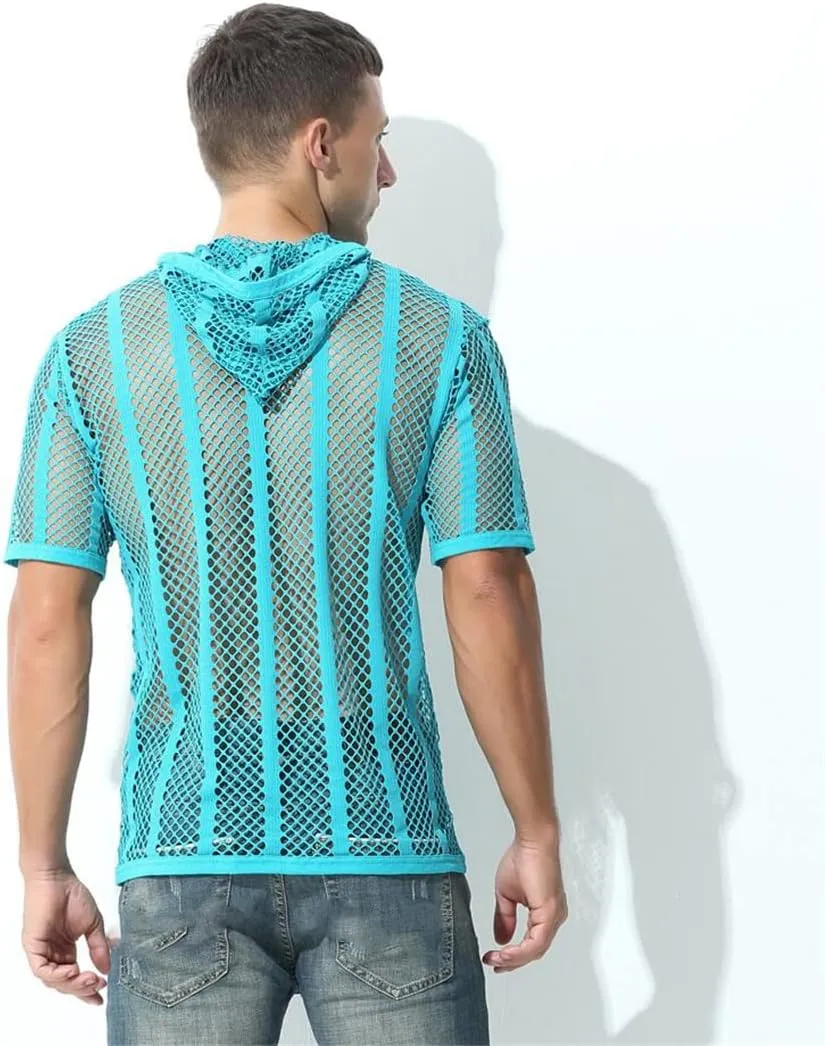 Men's Tees Sexy Mesh See Through T-Shirt Short Sleeve Hooded Streetwear Sports Undershirts