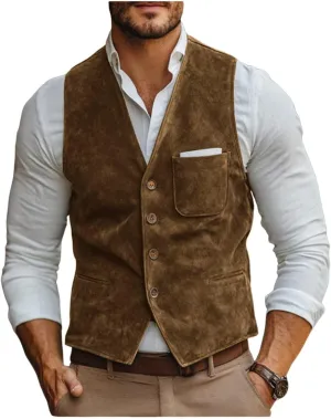 Men's V-Neck Suede Leather Suit Vest Slim Fit Western Cowboy Waistcoats for Wedding Party