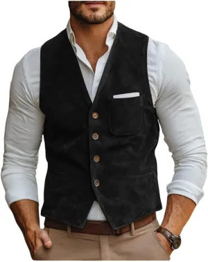 Men's V-Neck Suede Leather Suit Vest Slim Fit Western Cowboy Waistcoats for Wedding Party