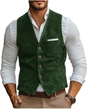 Men's V-Neck Suede Leather Suit Vest Slim Fit Western Cowboy Waistcoats for Wedding Party