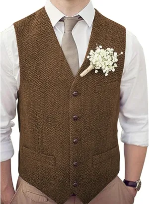 Men's V-Neck Suit Vests Slim Fit Casual Business Formal Herringbone Tweed Wool Waistcoat Wedding Groomsmen Suit Vest