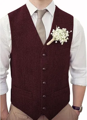 Men's V-Neck Suit Vests Slim Fit Casual Business Formal Herringbone Tweed Wool Waistcoat Wedding Groomsmen Suit Vest