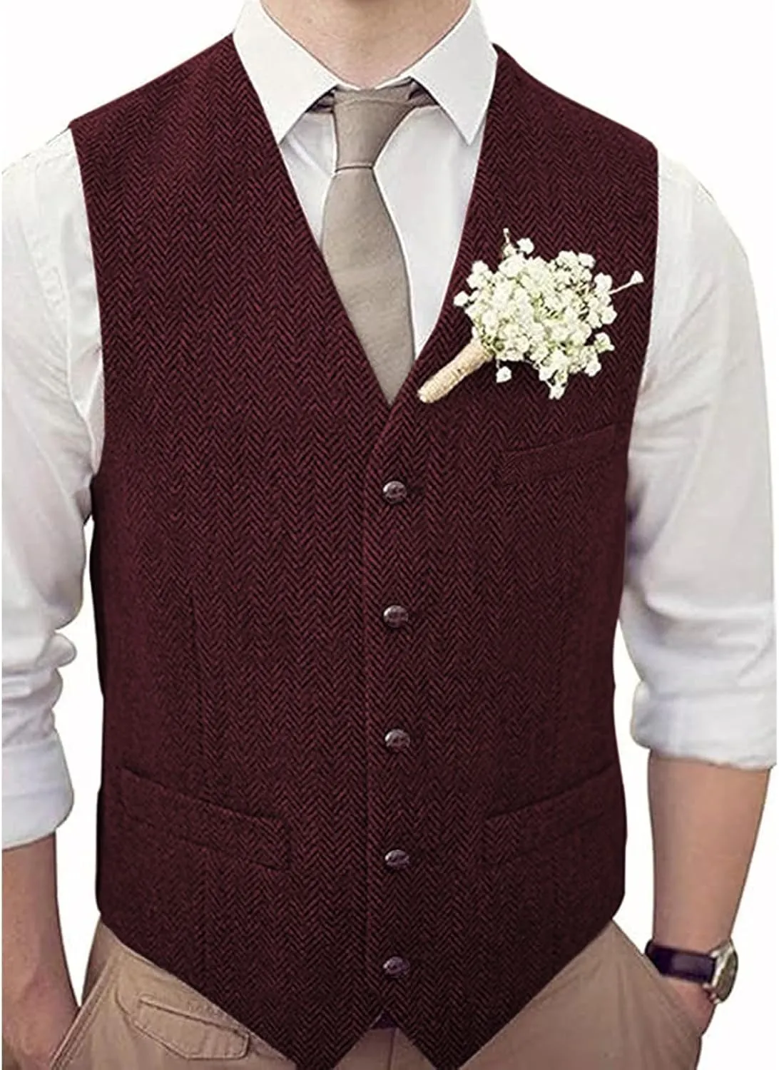 Men's V-Neck Suit Vests Slim Fit Casual Business Formal Herringbone Tweed Wool Waistcoat Wedding Groomsmen Suit Vest
