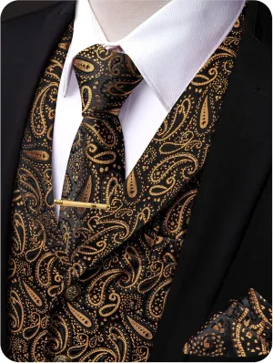 Mens Victorian Vest Tie Set Silk Paisley Suit Vests Formal Waistcoat Gothic Steampunk Vest with Notched Lapels