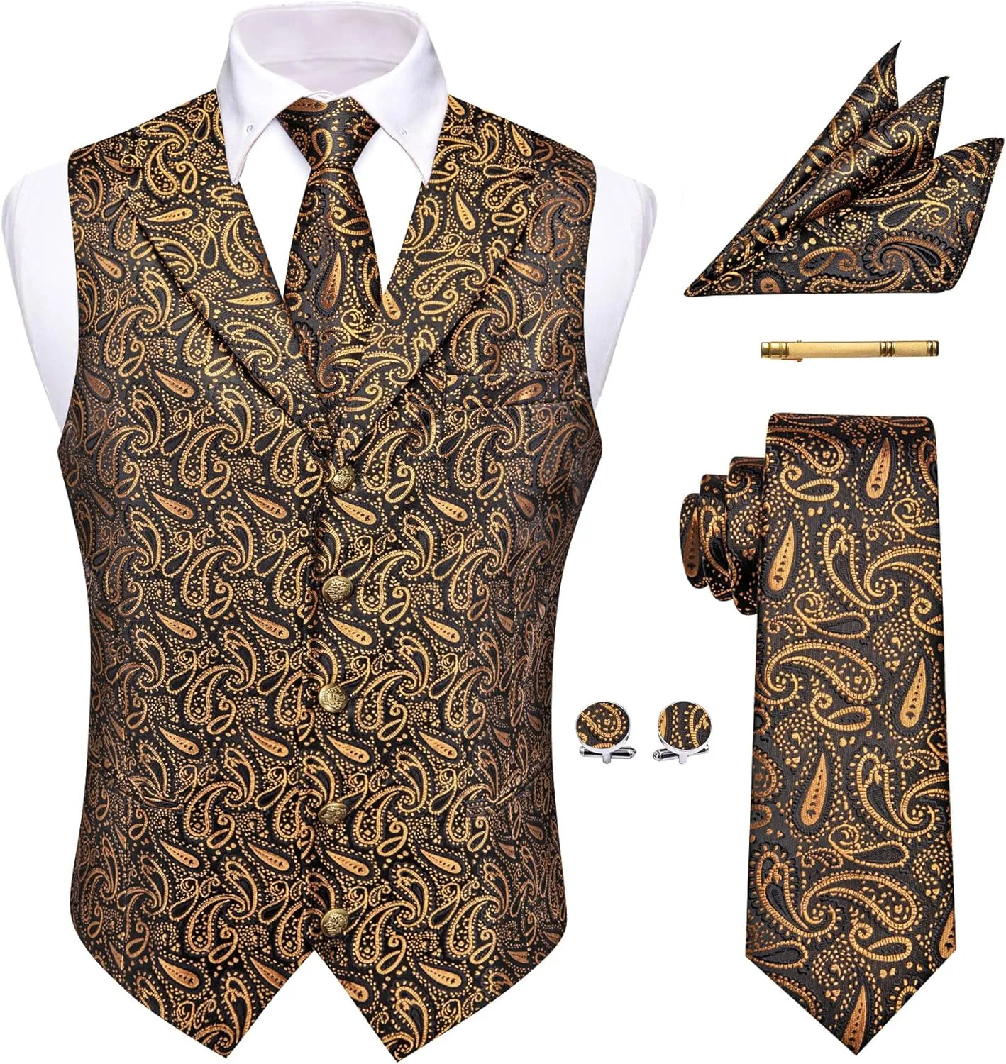 Mens Victorian Vest Tie Set Silk Paisley Suit Vests Formal Waistcoat Gothic Steampunk Vest with Notched Lapels
