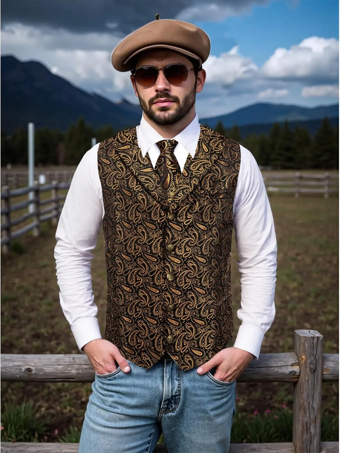 Mens Victorian Vest Tie Set Silk Paisley Suit Vests Formal Waistcoat Gothic Steampunk Vest with Notched Lapels