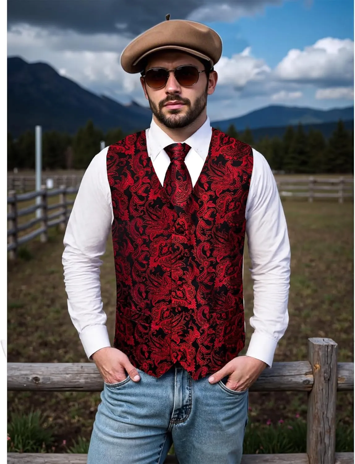 Mens Victorian Vest Tie Set Silk Paisley Suit Vests Formal Waistcoat Gothic Steampunk Vest with Notched Lapels