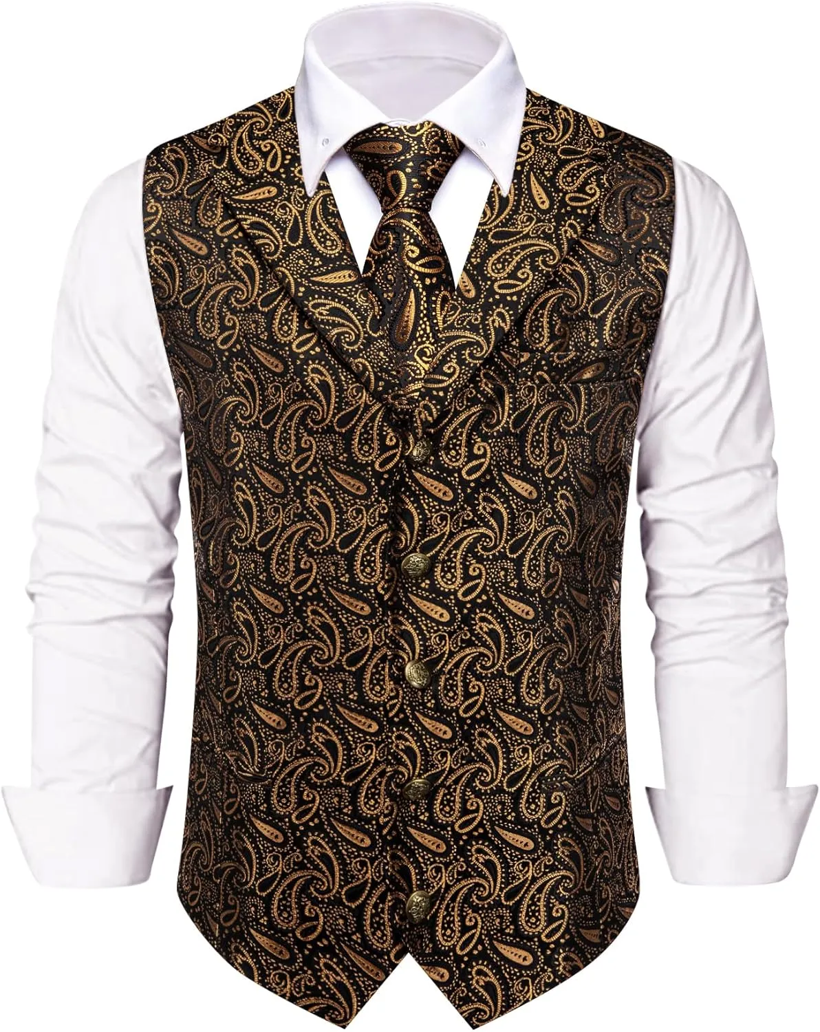 Mens Victorian Vest Tie Set Silk Paisley Suit Vests Formal Waistcoat Gothic Steampunk Vest with Notched Lapels