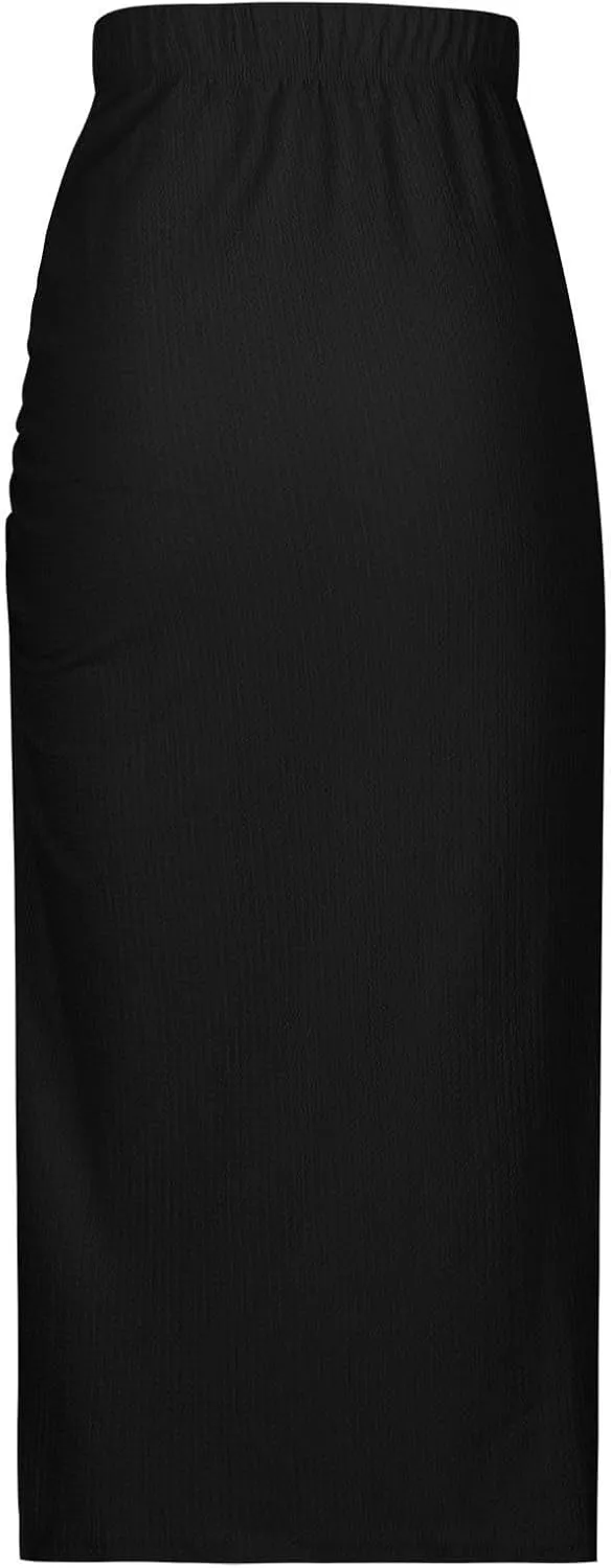 Midi Skirts for Women High Waisted Pencil Skirt with Split Ruched Bodycon Skirts Elastic Maxi Skirt Casual Skirts