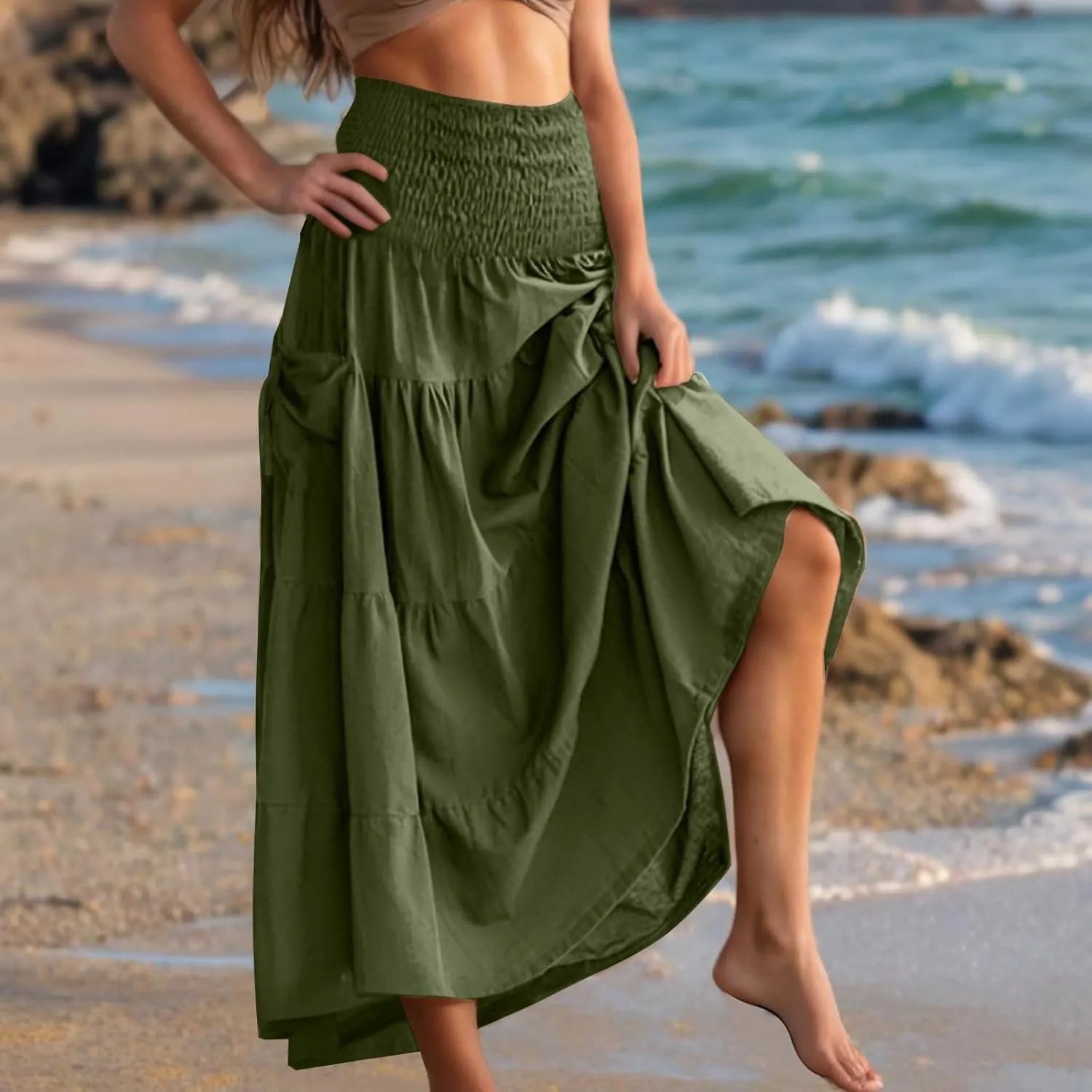 Midi Skirts for Women Pleated Tiered Long Flowy Skirt Elastic Waist Summer Boho Casual Loose Layered Ruffle Skirt