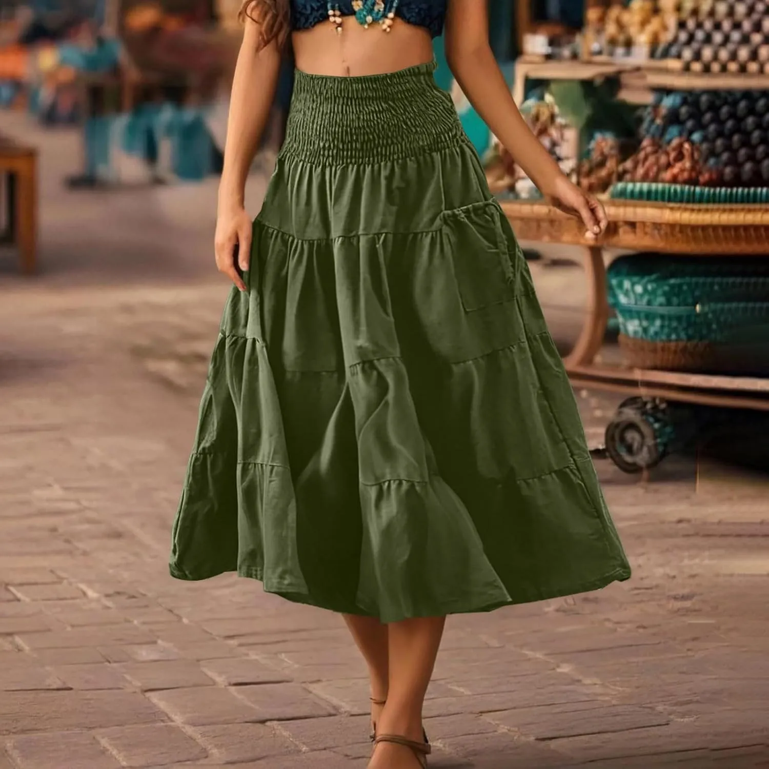 Midi Skirts for Women Pleated Tiered Long Flowy Skirt Elastic Waist Summer Boho Casual Loose Layered Ruffle Skirt