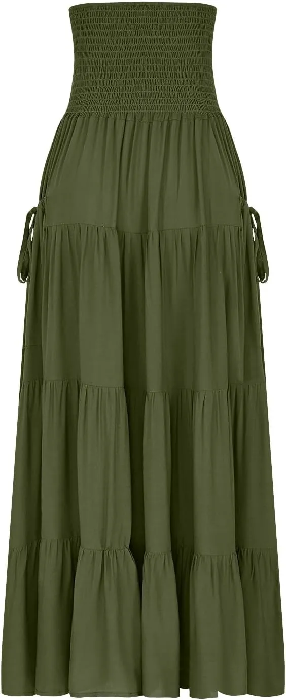 Midi Skirts for Women Pleated Tiered Long Flowy Skirt Elastic Waist Summer Boho Casual Loose Layered Ruffle Skirt
