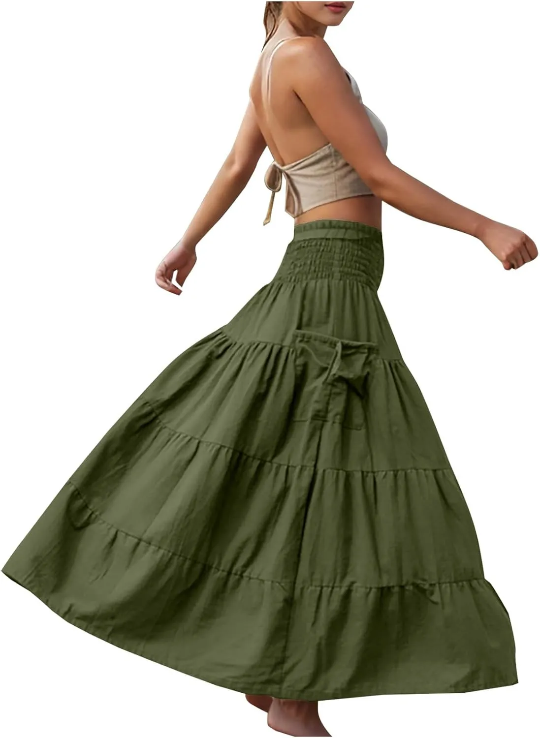 Midi Skirts for Women Pleated Tiered Long Flowy Skirt Elastic Waist Summer Boho Casual Loose Layered Ruffle Skirt